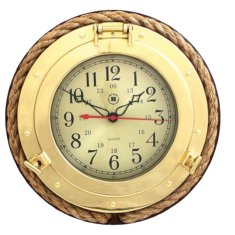 Bey-Berk SQ501 Brass/Solid Wood Porthole Clock With Rope image 1