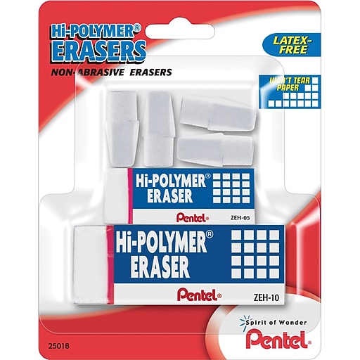 Pentel HiPolymer Eraser, White Erasers, Assorted Sizes, 6/Pack