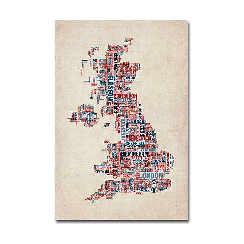 Trademark Global Michael Tompsett "UK Cities Text Map" Canvas Art, 24" x 16" (MT0055-C1624GG) image 1