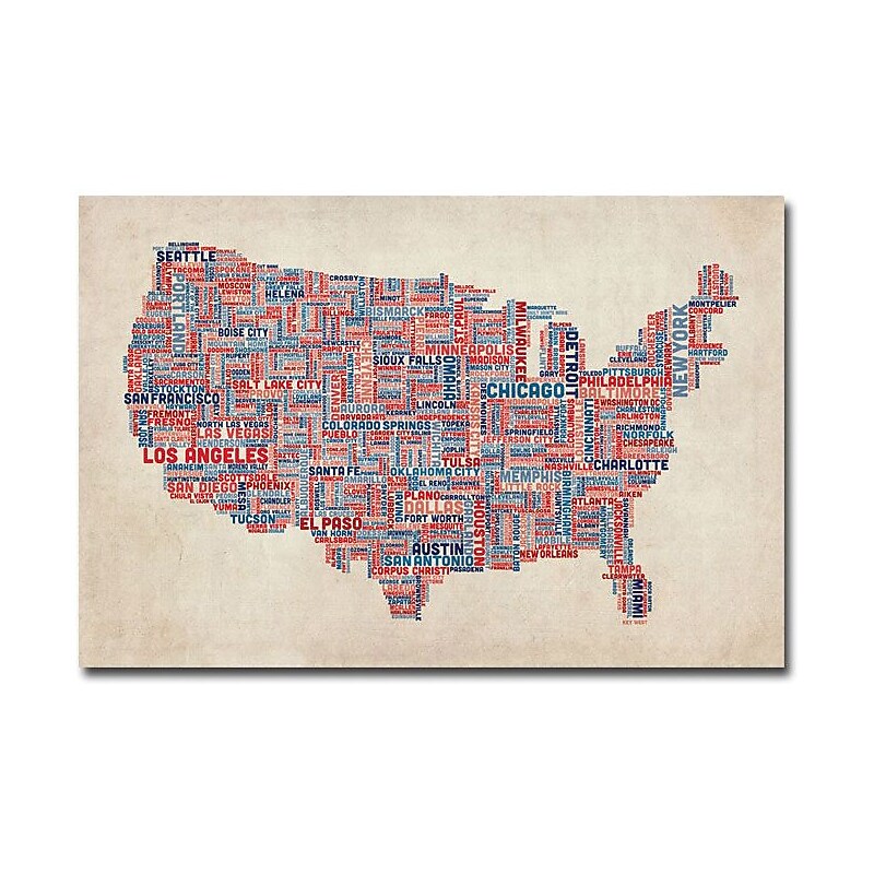 Trademark Global Michael Tompsett "US Cities Text Map V" Canvas Art, 16" x 24" image 1