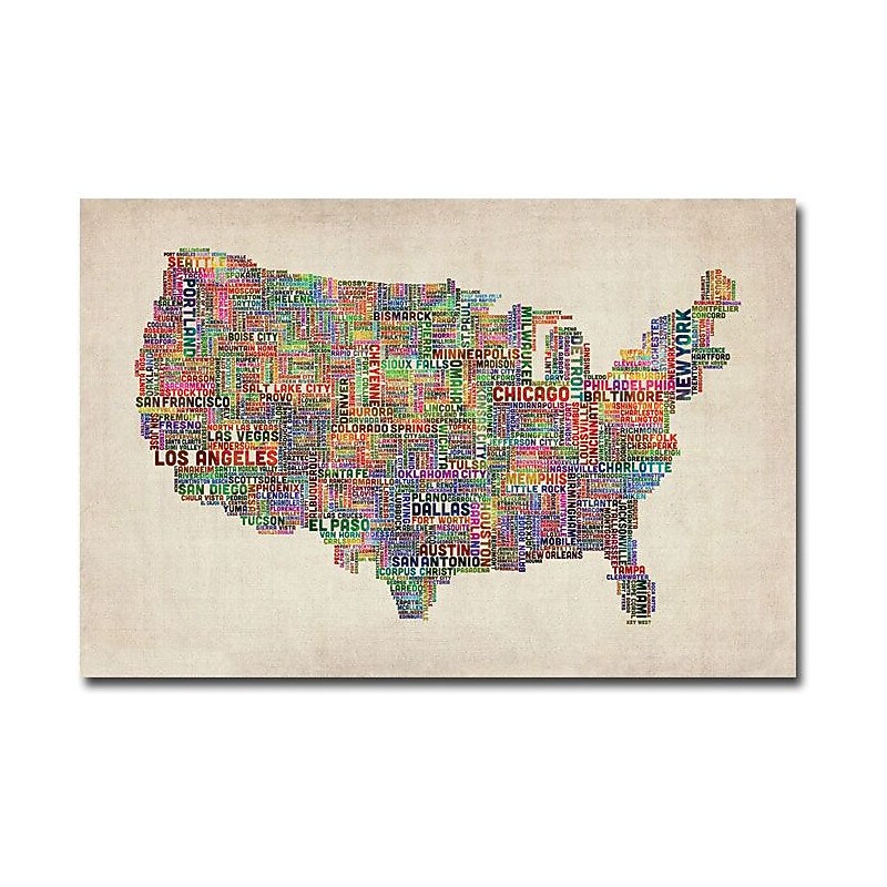 Trademark Global Michael Tompsett "US Cities Text Map VI" Canvas Art, 16" x 24" image 1