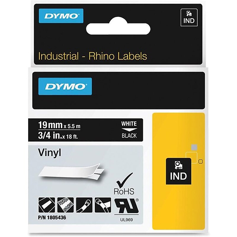 DYMO Rhino Colored Vinyl 1805436 Label Maker Tape, 3/4"W, White on Black image 1