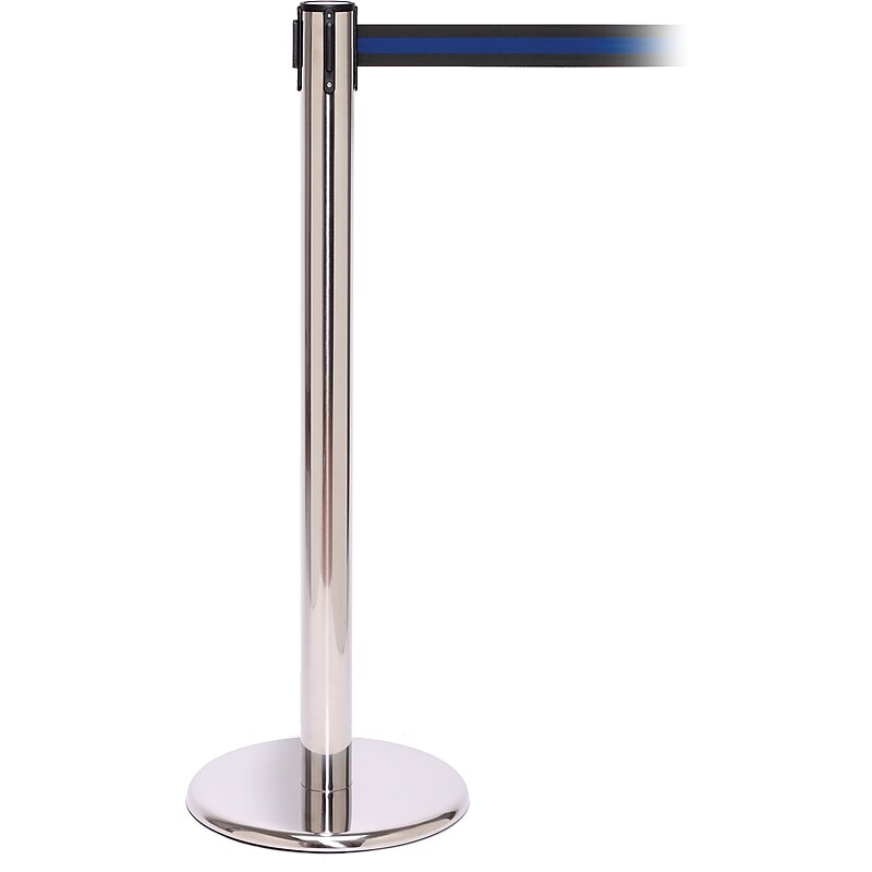 QPro 250 Polished Stainless Steel Retractable Belt Barrier with 11' Black/Blue Belt image 1