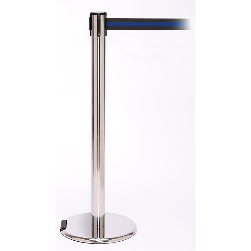 RollerPro 250 Stainless Steel Rolling Retractable Belt Barrier with 11' Black/Blue Belt image 1