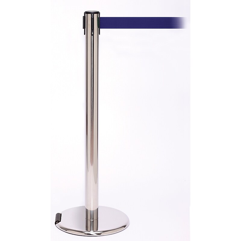 RollerPro 250 Stainless Steel Rolling Retractable Belt Barrier with 11' Blue Belt (ROL250PS-BL) image 1