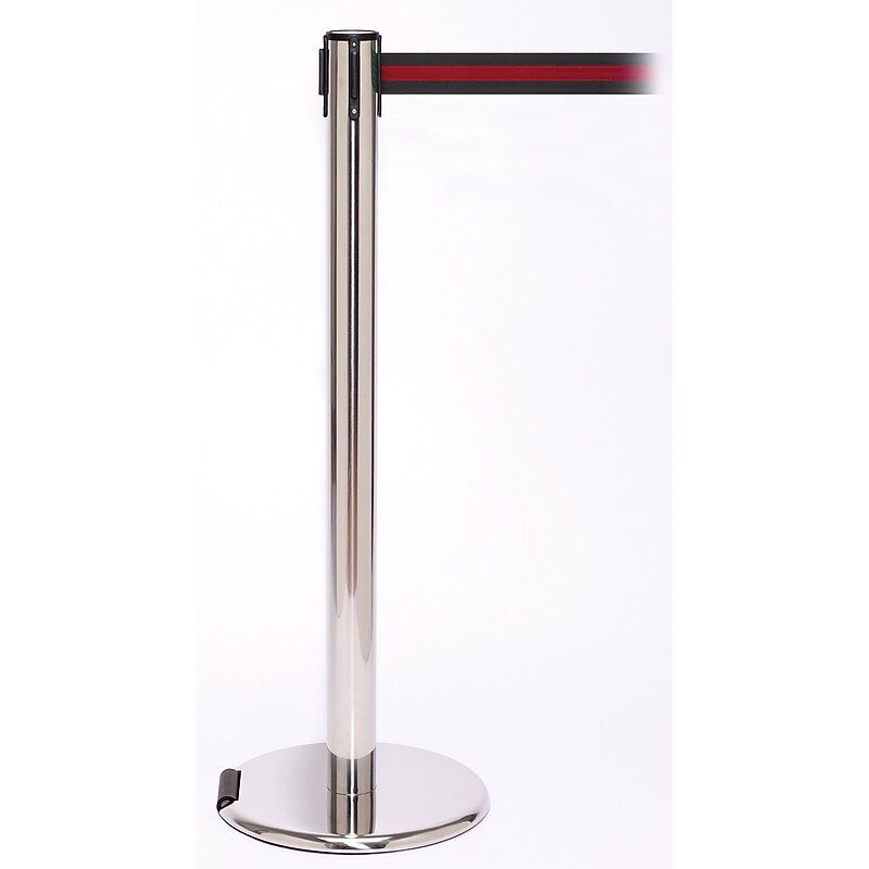 RollerPro 250 Stainless Steel Rolling Retractable Belt Barrier with 11' Black/Red Belt (ROL250PS-BR) image 1