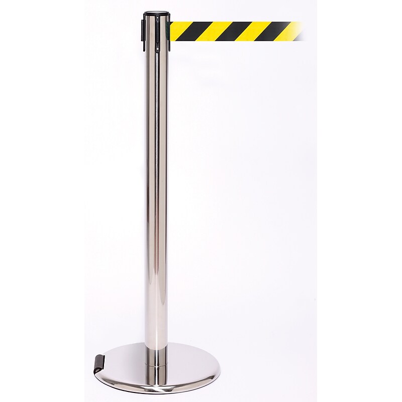 RollerPro 250 Stainless Steel Rolling Retractable Belt Barrier with 11' Black/Yellow Belt (ROL250PS-YB) image 1