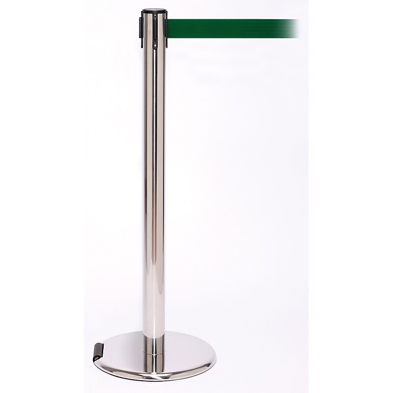 RollerPro 250 Stainless Steel Rolling Retractable Belt Barrier with 11' Green Belt (ROL250PS-GN) image 1