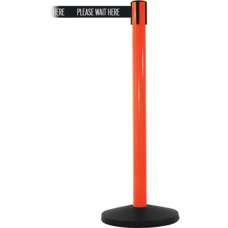 SafetyMaster 450 Orange Stanchion Barrier Post with Retractable 8.5' Black/White PL WAIT HERE Belt (SM450O-BWWH) image 1