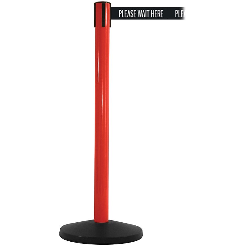 SafetyMaster 450 Red Stanchion Barrier Post with Retractable 8.5' Black/White PL WAIT HERE Belt (SM450R-BWWH) image 1