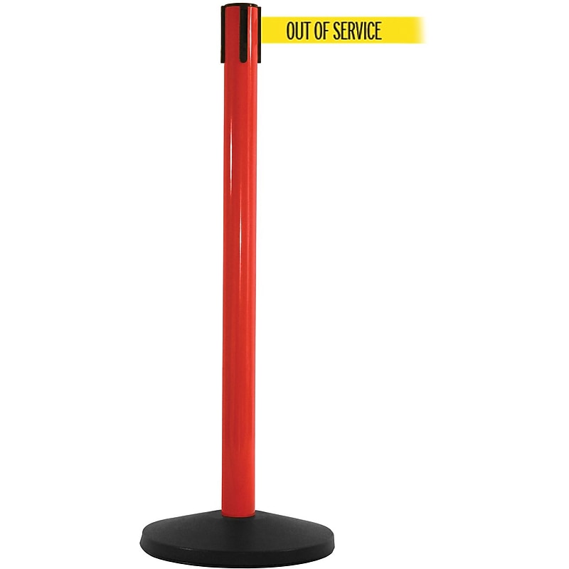 SafetyMaster 450 Red Stanchion Barrier Post with Retractable 8.5' Yellow/Black OUT OF SERV Belt (SM450R-YBO) image 1