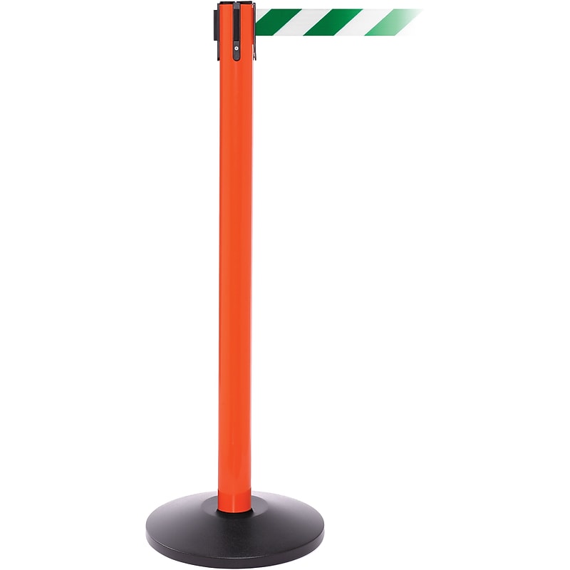 SafetyPro 250 Orange Stanchion Barrier Post with Retractable 11' Green/White Belt image 1