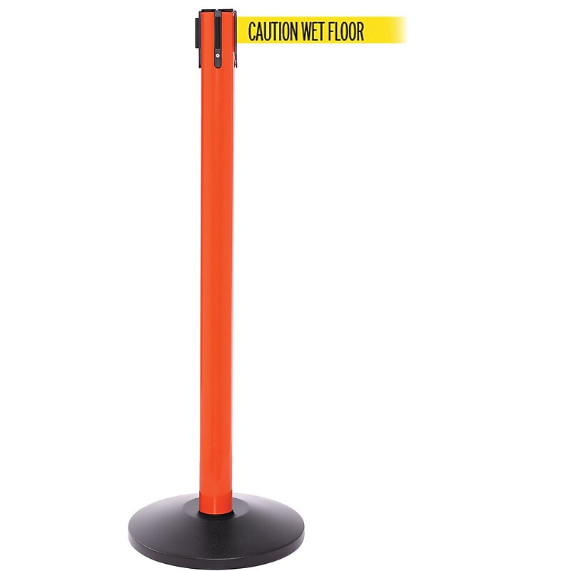 SafetyPro 250 Orange Retractable Belt Barrier with 11' Yellow/Black WET FLOOR Belt image 1