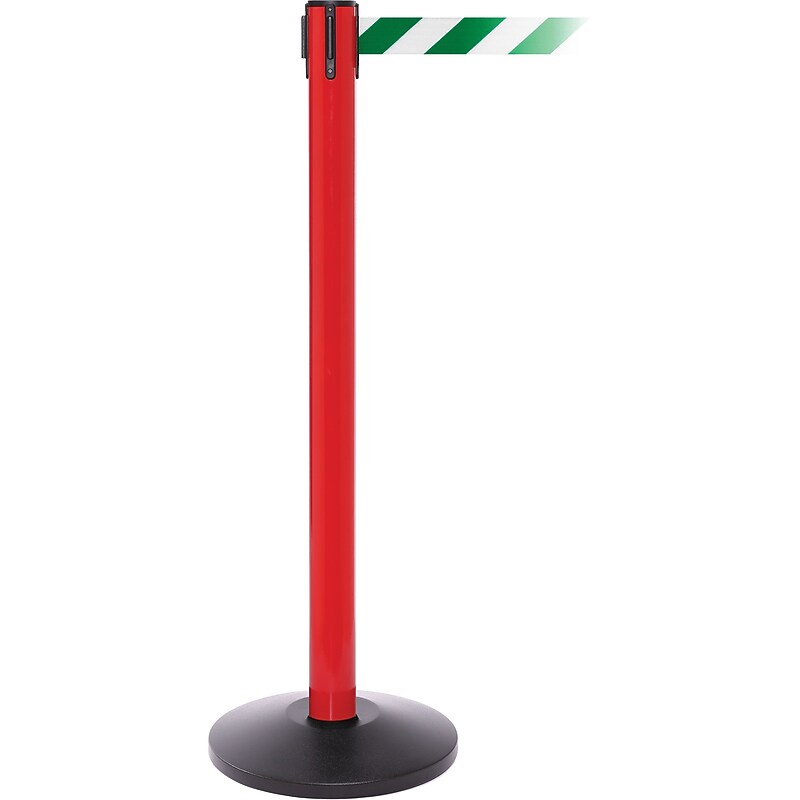 SafetyPro 250 Red Stanchion Barrier Post with Retractable 11' Green/White Belt image 1