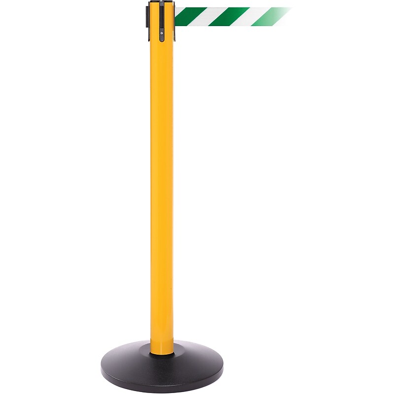 SafetyPro 250 Yellow Stanchion Barrier Post with Retractable 11' Green/White Belt image 1
