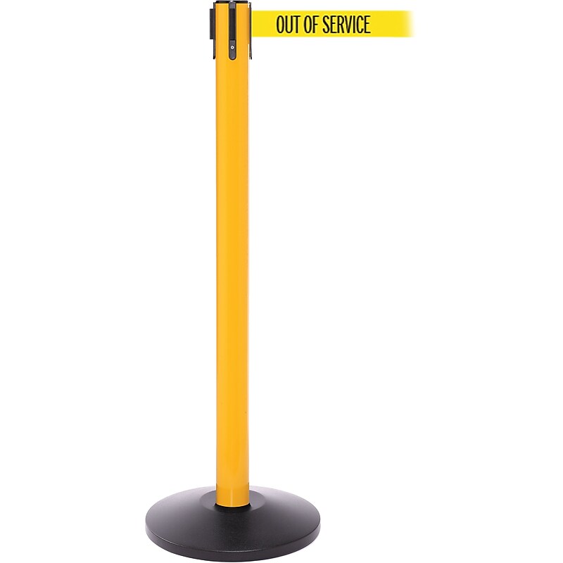 SafetyPro 250 Yellow Stanchion Barrier Post with Retractable 11' Yellow/Black OUT OF SERV Belt image 1