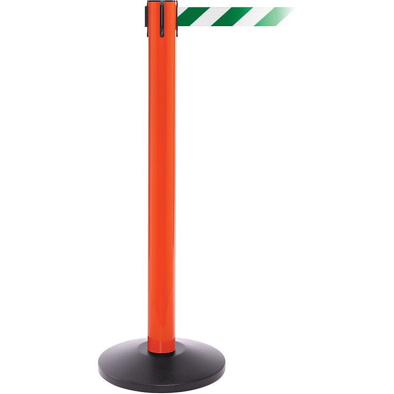 SafetyPro 300 Orange Stanchion Barrier Post with Retractable 16' Green/White Belt image 1