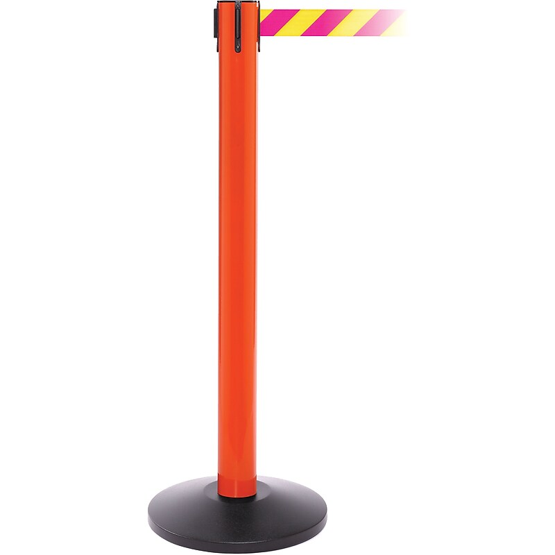 SafetyPro 300 Orange Stanchion Barrier Post with Retractable 16' Yellow/Magenta Belt image 1