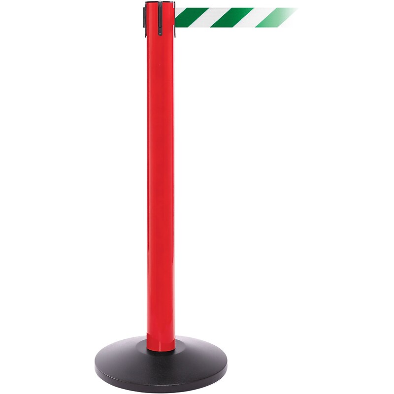 SafetyPro 300 Red Stanchion Barrier Post with Retractable 16' Green/White Belt image 1