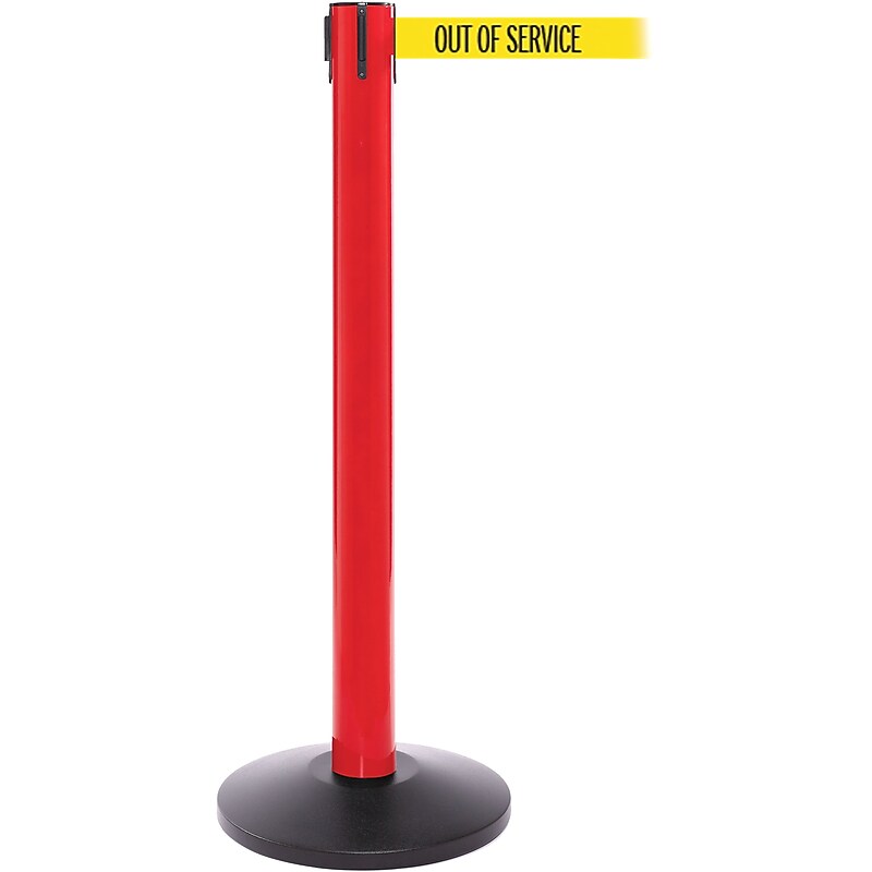 SafetyPro 300 Red Stanchion Barrier Post with Retractable 16' Yellow/Black OUT OF SERV Belt image 1