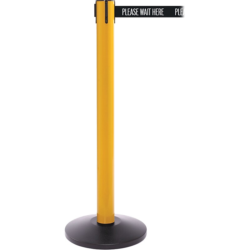 SafetyPro 300 Yellow Stanchion Barrier Post with Retractable 16' Black/White PL WAIT HERE Belt image 1