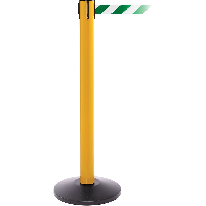 SafetyPro 300 Yellow Stanchion Barrier Post with Retractable 16' Green/White Belt image 1