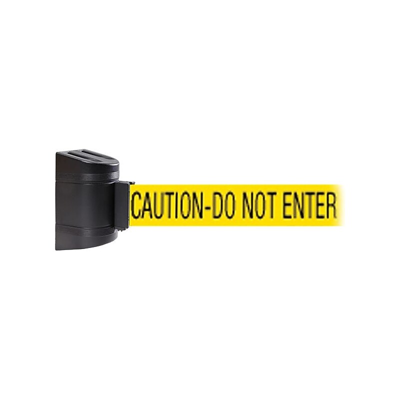WallPro 450 Black Wall Mount Belt Barrier with 20' Yellow/Black CAUTION Belt image 1