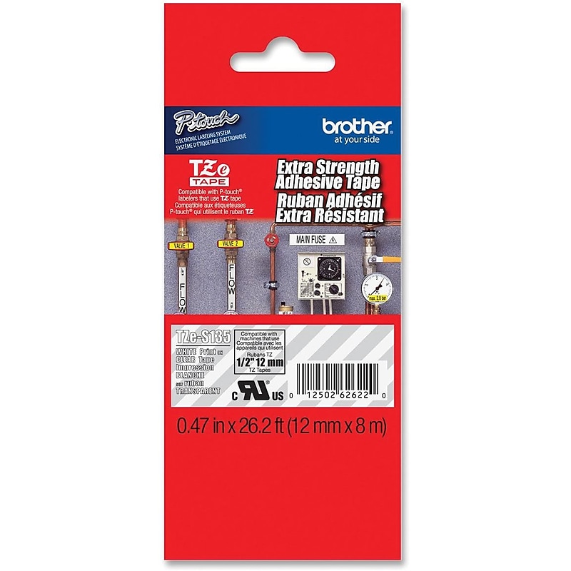 Brother TZe Label Maker Tape, 1/2"W, White on Clear (TZE-S135) image 1