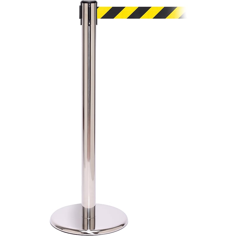 QPro 250 Polished Stainless Steel Stanchion Barrier Post with Retractable 11' Black/Yellow Belt (PRO250PS-YB) image 1