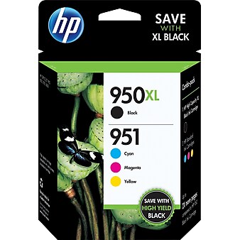 HP 950XL/951 Black High Yield and Cyan/Magenta/Yellow Standard Yield Ink Cartridge, 4/Pack (C2P01FN#140)