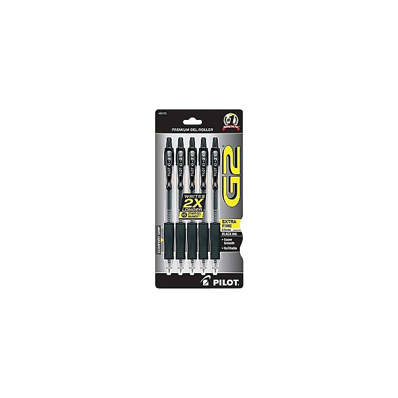 Pilot G2 Retractable Gel Pens, Extra Fine Point, 0.5mm, Black Ink, 5/Pack (31173) image 1