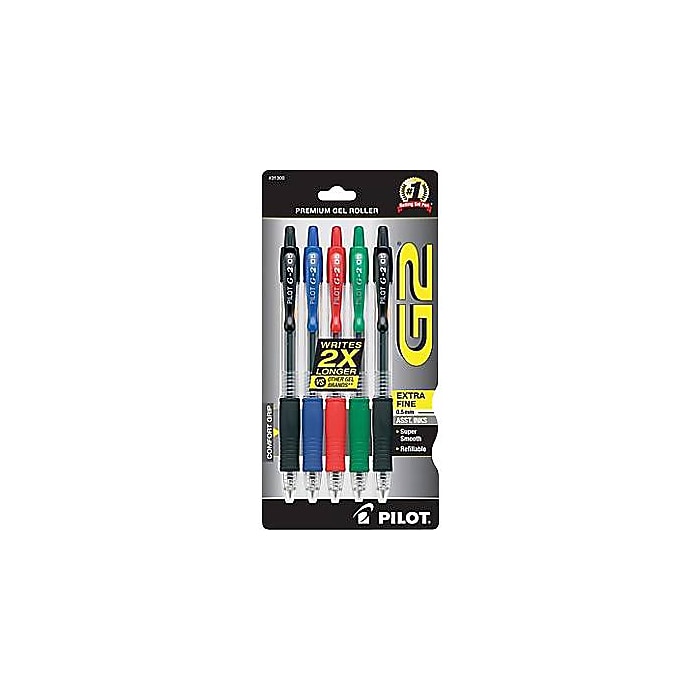 Pilot G2 Gel Pen, Extra Fine Point, Assorted Ink, 5/Pack (31300