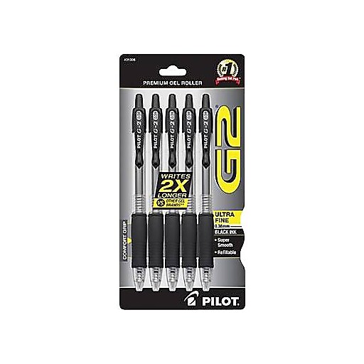 Pilot G2 Retractable Gel Pens, Ultra Fine Point, Black Ink, 5/Pack