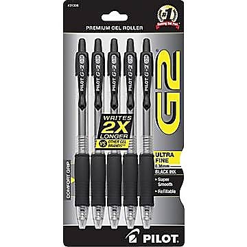 Pilot G2 Retractable Gel Pens, Ultra Fine Point, Black Ink, 5/Pack (31306)
