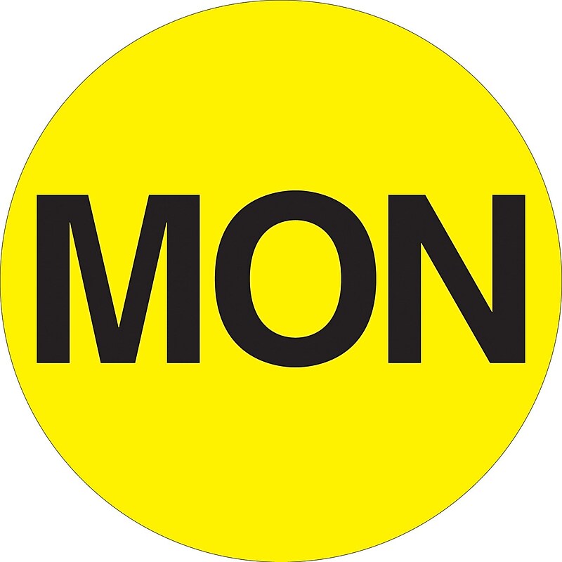 Tape Logic 1" Circle "MON" Days of the Week Label, Fluorescent Yellow, 500/Roll image 1
