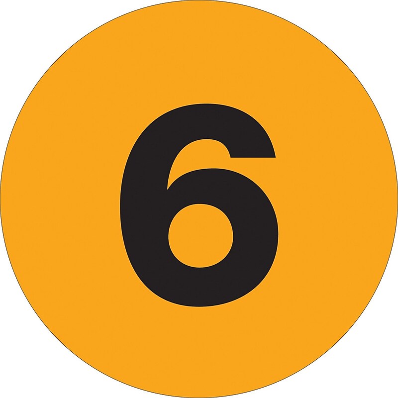 Tape Logic 1" Circle "6" Number Label, Fluorescent Orange, 500/Roll image 1