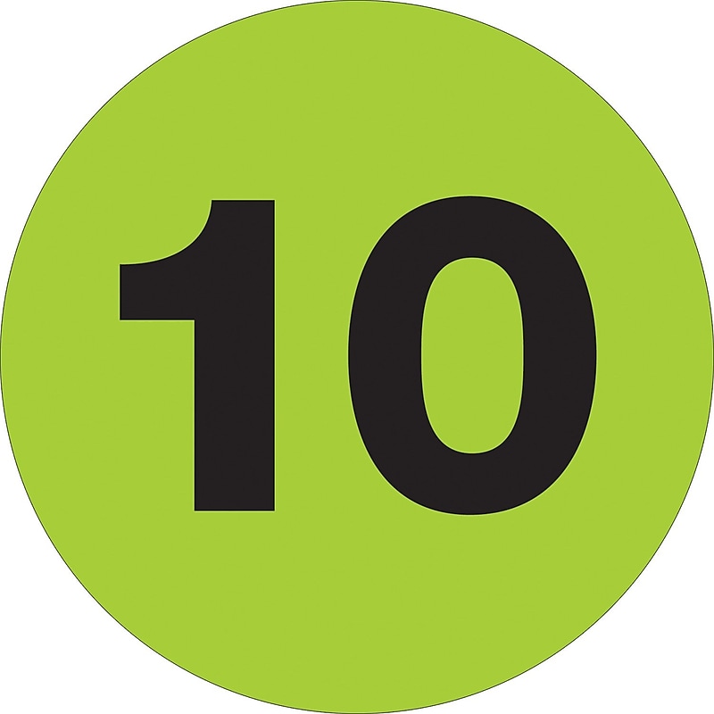 Tape Logic 1" Circle "10" Number Label, Fluorescent Green, 500/Roll image 1
