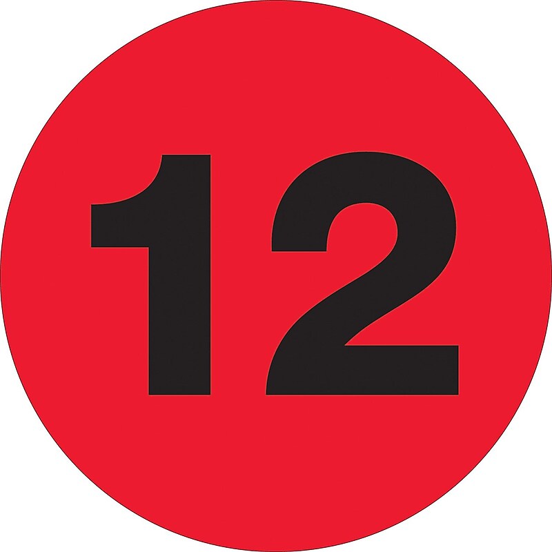 Tape Logic 2" Circle "12" Number Label, Fluorescent Red, 500/Roll image 1