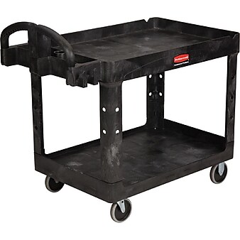 Rubbermaid Heavy Duty 4-Shelf Resin Mobile Utility Cart with Lockable Wheels, Black (640-4520-88-BLA)