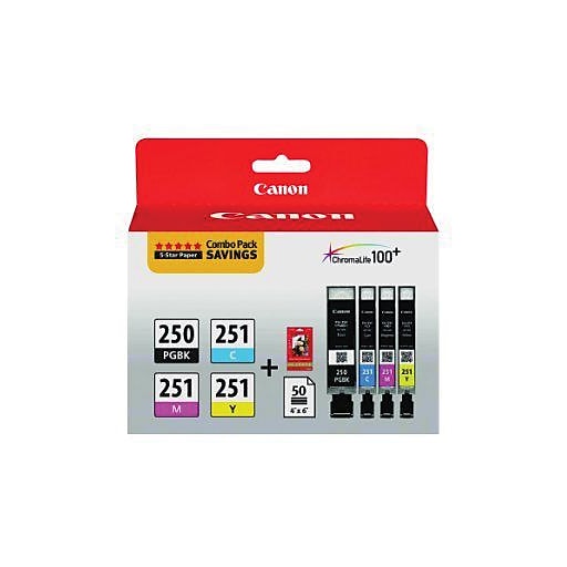 plek Dag Uitstralen Canon 250/251 Black/Cyan/Magenta/Yellow Standard Yield Ink Cartridges w/  Photo Paper, 4/Pack (6497B004) | Staples