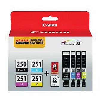 Canon PGI-250/CLI-251 Black/Cyan/Magenta/Yellow Ink Cartridges w/ Photo Paper, Standard, 4/Pack (6497B004)
