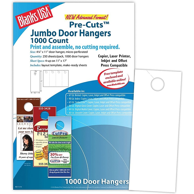 Blanks/USA® 4 1/4" x 11" 67 lbs. Digital Bristol Cover Door Hanger, White, 250/Pack, 1000 Pieces image 1