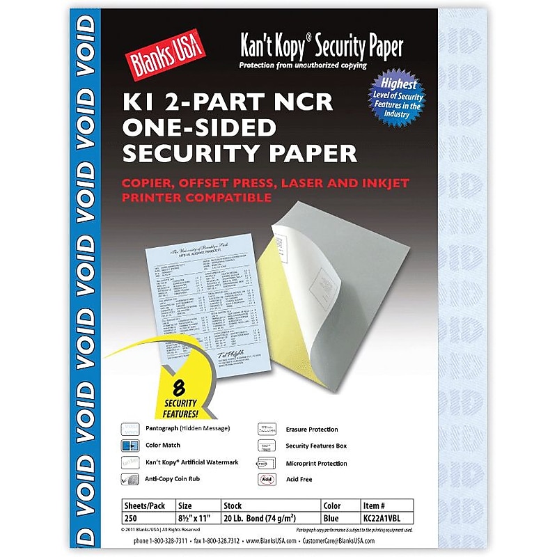 Blanks USA Kan't Kopy 8.5" x 11" Carbonless Security Paper, 20 lbs., Blue, 250 Sheets/Pack (KC22A1VBL) image 1