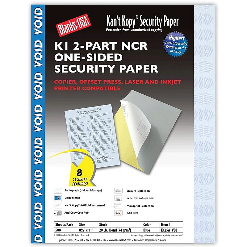 Blanks USA Kan't Kopy 8.5" x 11" Carbonless Security Paper, 20 lbs., Blue, 500 Sheets/Ream (KC25A1VBL) image 1