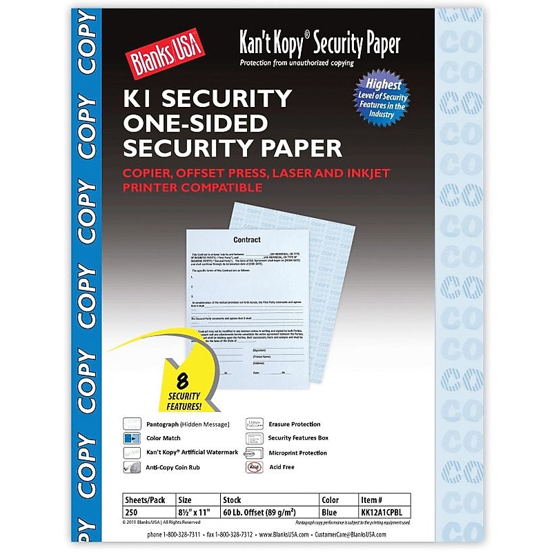 Blanks USA Kan't Kopy 8.5" x 11" Security Paper, 60 lbs., Blue, 250 Sheets/Pack (KK12A1CPBL) image 1