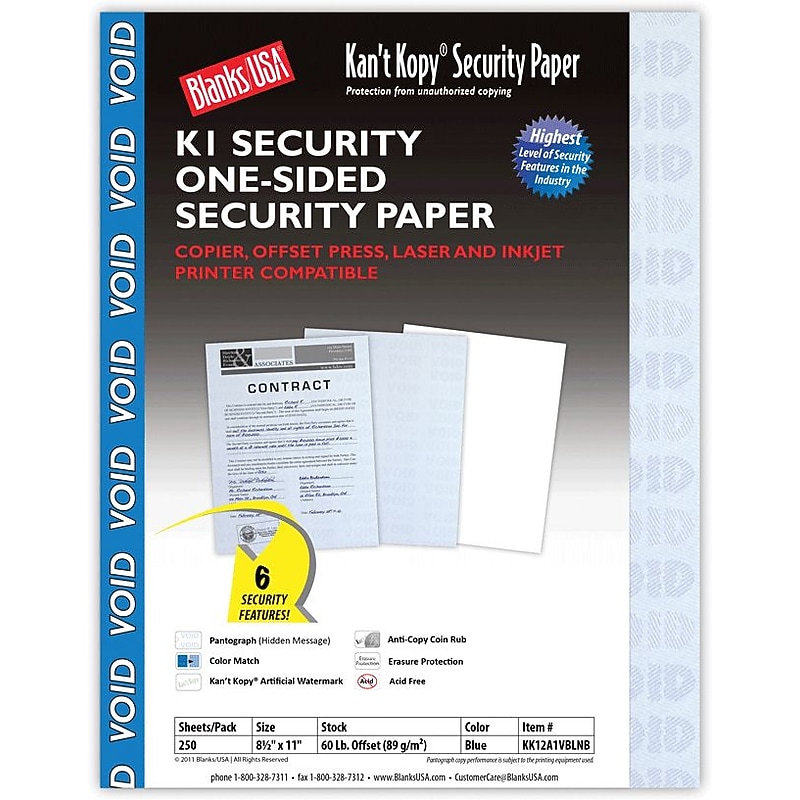 Blanks USA Kan't Kopy 8.5" x 11" Security Paper, 60 lbs., Blue, 250 Sheets/Pack (KK12A1VBLNB) image 1