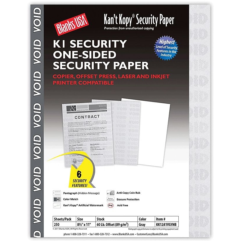 Blanks USA Kan't Kopy 8.5" x 11" Security Paper, 60 lbs., Gray, 250 Sheets/Pack (KK12A1VGYNB) image 1