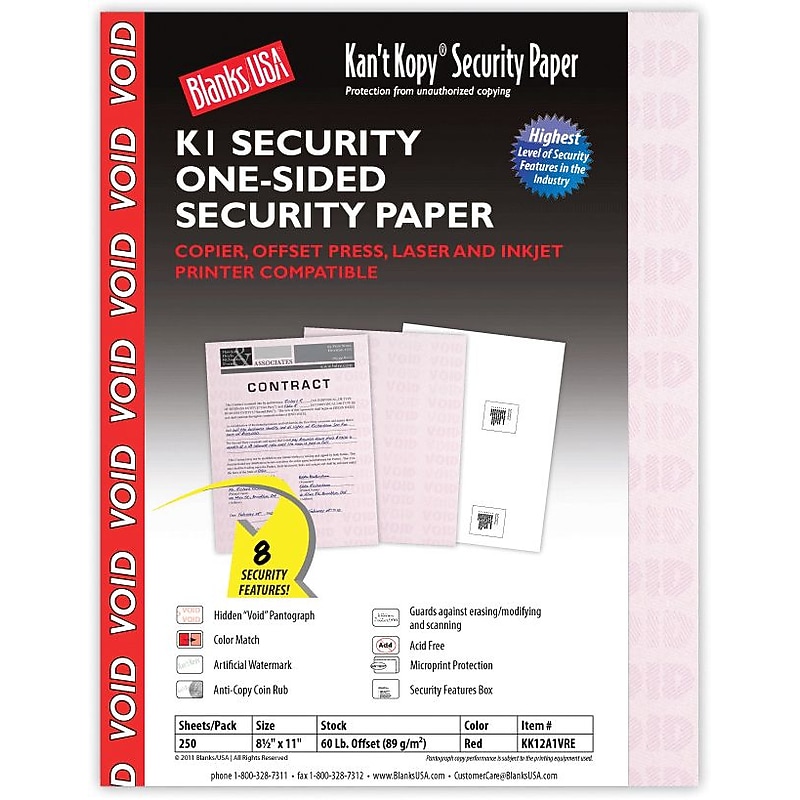 Blanks USA Kan't Kopy 8.5" x 11" Security Paper, 60 lbs., Red, 250 Sheets/Pack (KK12A1VRE) image 1