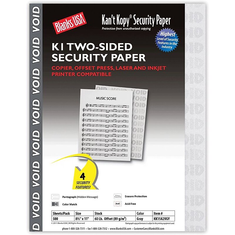 Blanks USA Kan't Kopy 8.5" x 11" Security Paper, 60 lbs., Gray, 500 Sheets/Ream (KK15A2VGY) image 1