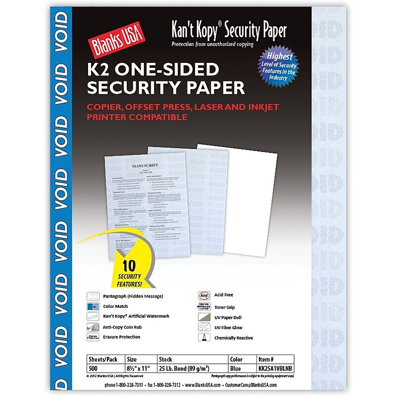 Blanks USA Kan't Kopy 8.5" x 11" Security Paper, 60 lbs., Blue, 500 Sheets/Ream (KK25A1VBLNB) image 1